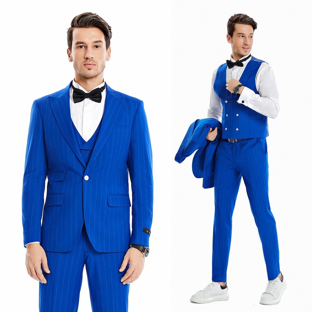 Men's Pinstriped 3-Piece Suit w/ Double Breasted Vest, Royal Blue